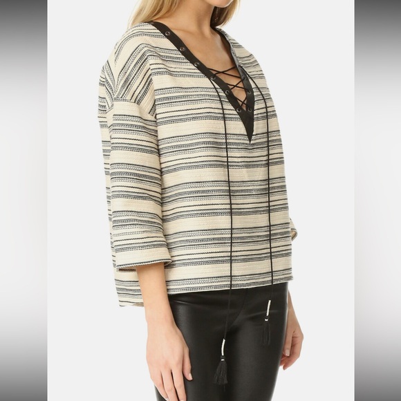 Rebecca Minkoff Black Stripe Lace Up Martin Top Leather Cotton Womens - Picture 3 of 10